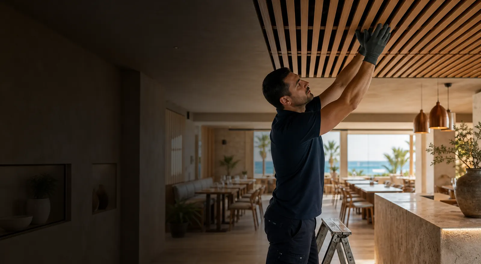 Especialista instalando un techo acústico en un restaurante de Alicante