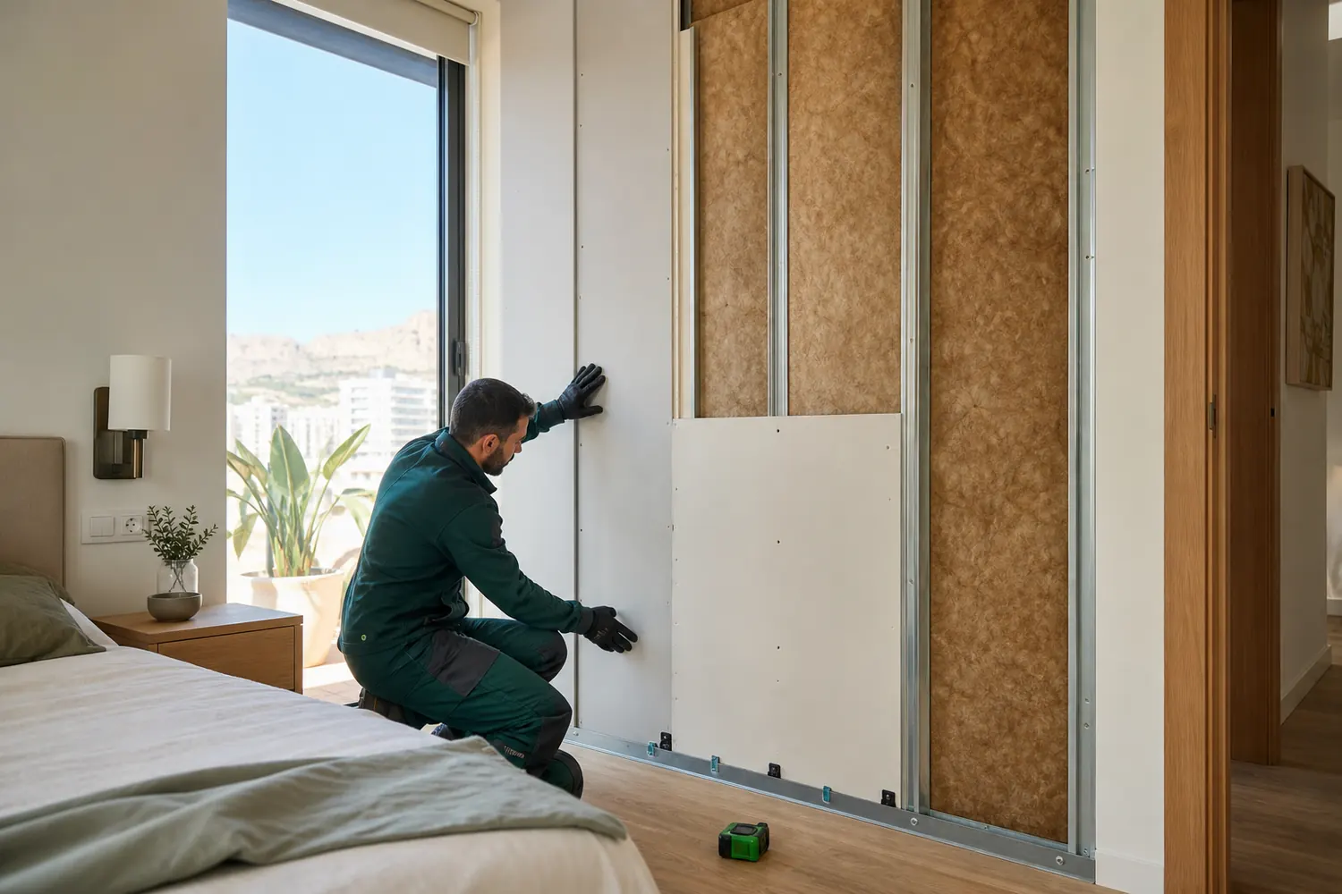 Instalación de aislamiento acústico en la pared de un dormitorio en Alicante
