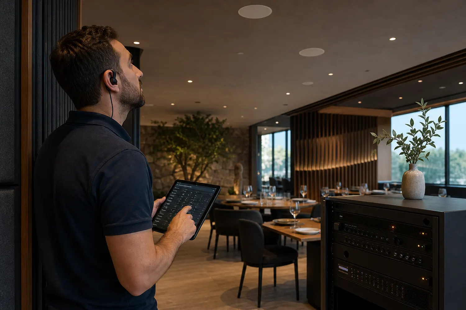 Técnico ajustando una instalación de sonorización profesional en un local de Alicante